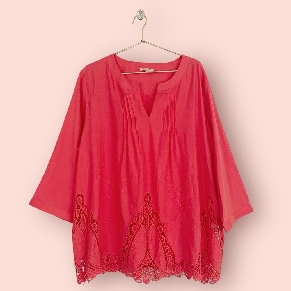 Saint Tropez West Crochet Cotton Popover Blouse Women’s Plus 1X Bright Coral